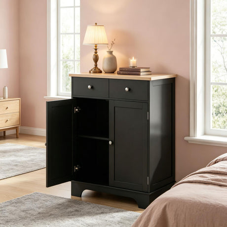 Black Kitchen Storage Cabinet Sideboard Floor Cupboard with Solid Wood Top Adjustable