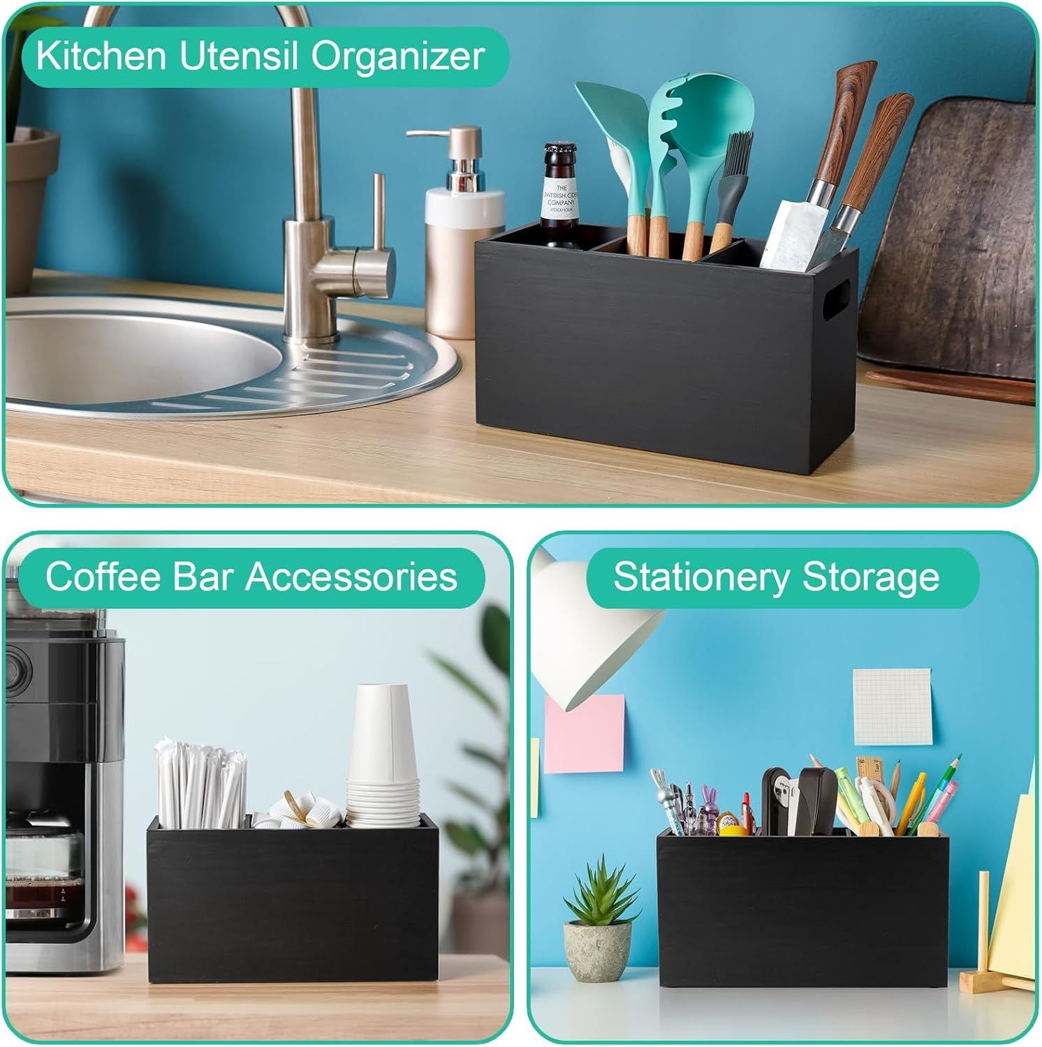 Black Three-Section Countertop Utensil Holder