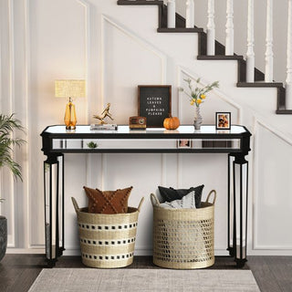 Black Mirrored Console with Vintage Carved Detail