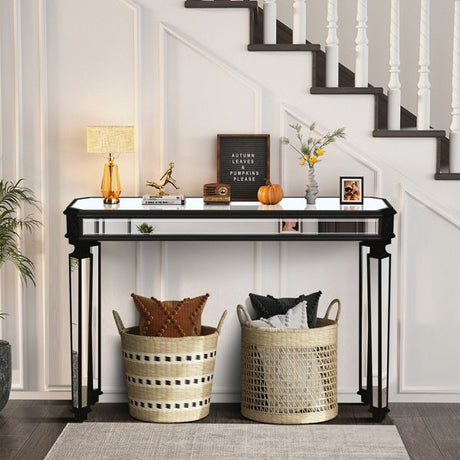 Black Mirrored Console with Vintage Carved Detail