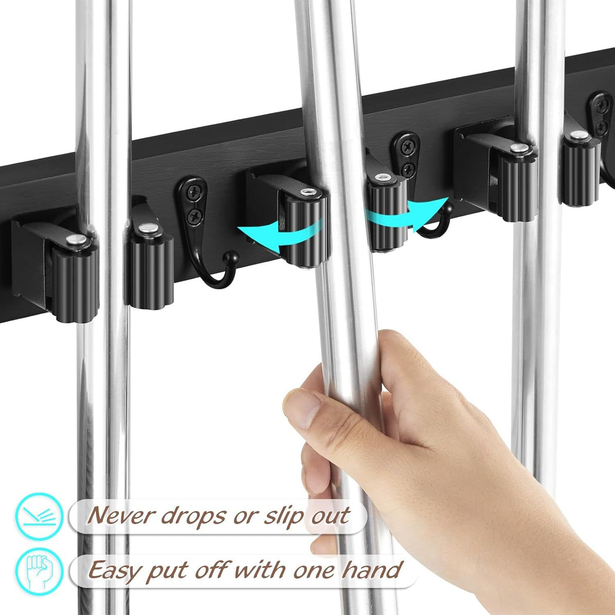 Wall-Mounted Mop and Broom Holder with 4 Slots and 4 Hooks
