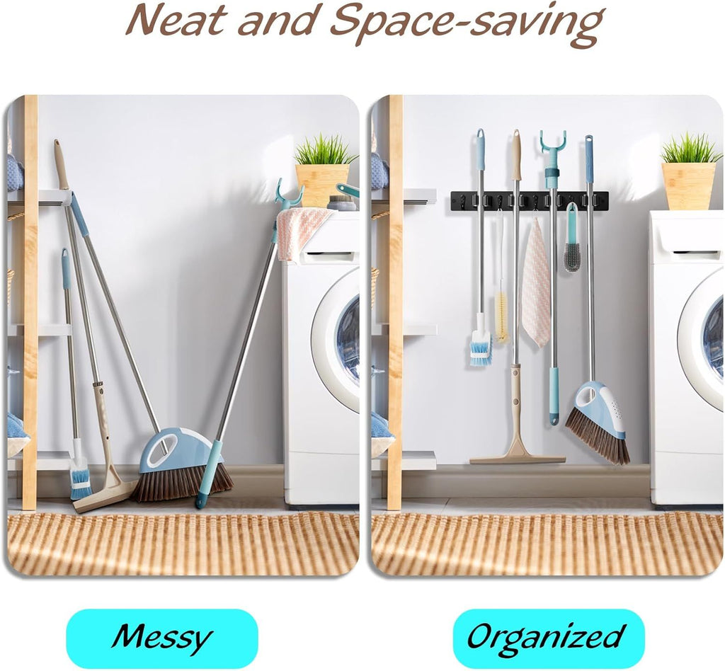 Wall-Mounted Mop and Broom Holder with 4 Slots and 4 Hooks