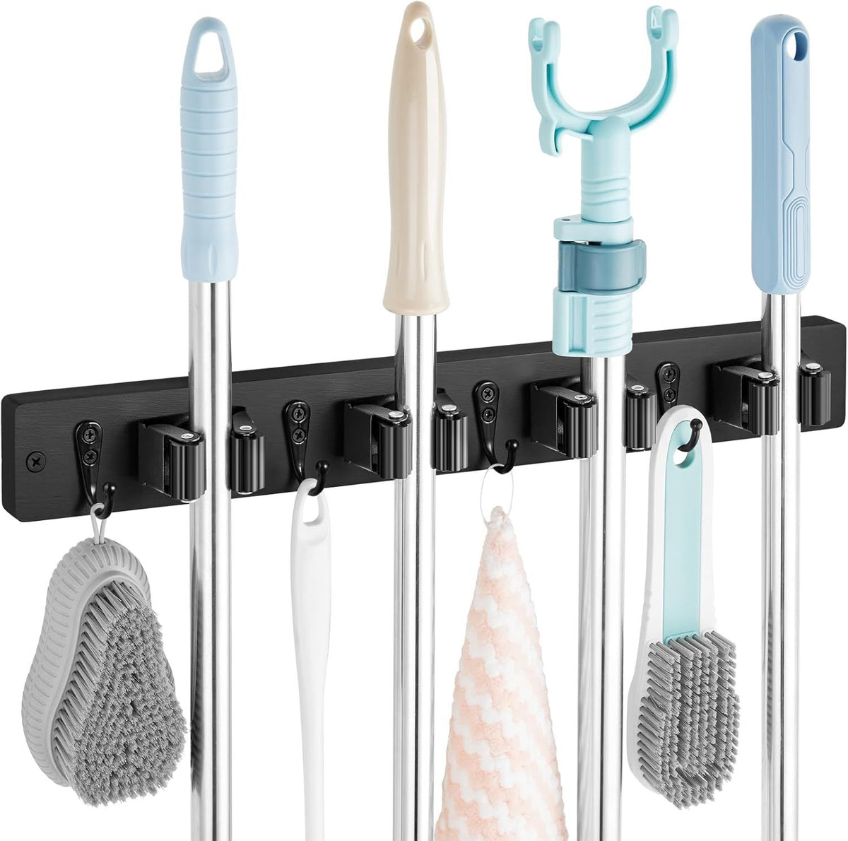 Wall-Mounted Mop and Broom Holder with 4 Slots and 4 Hooks