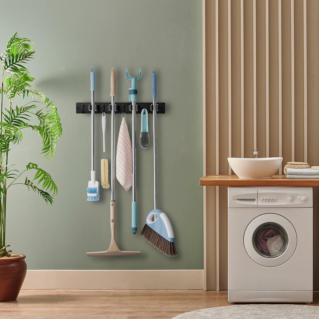 Wall-Mounted Mop and Broom Holder with 4 Slots and 4 Hooks
