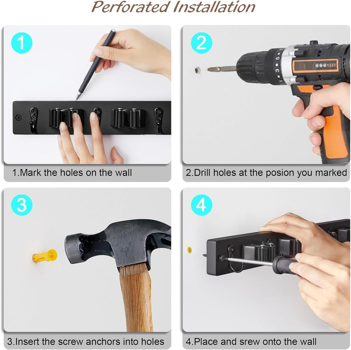 Wall-Mounted Mop and Broom Holder with 4 Slots and 4 Hooks