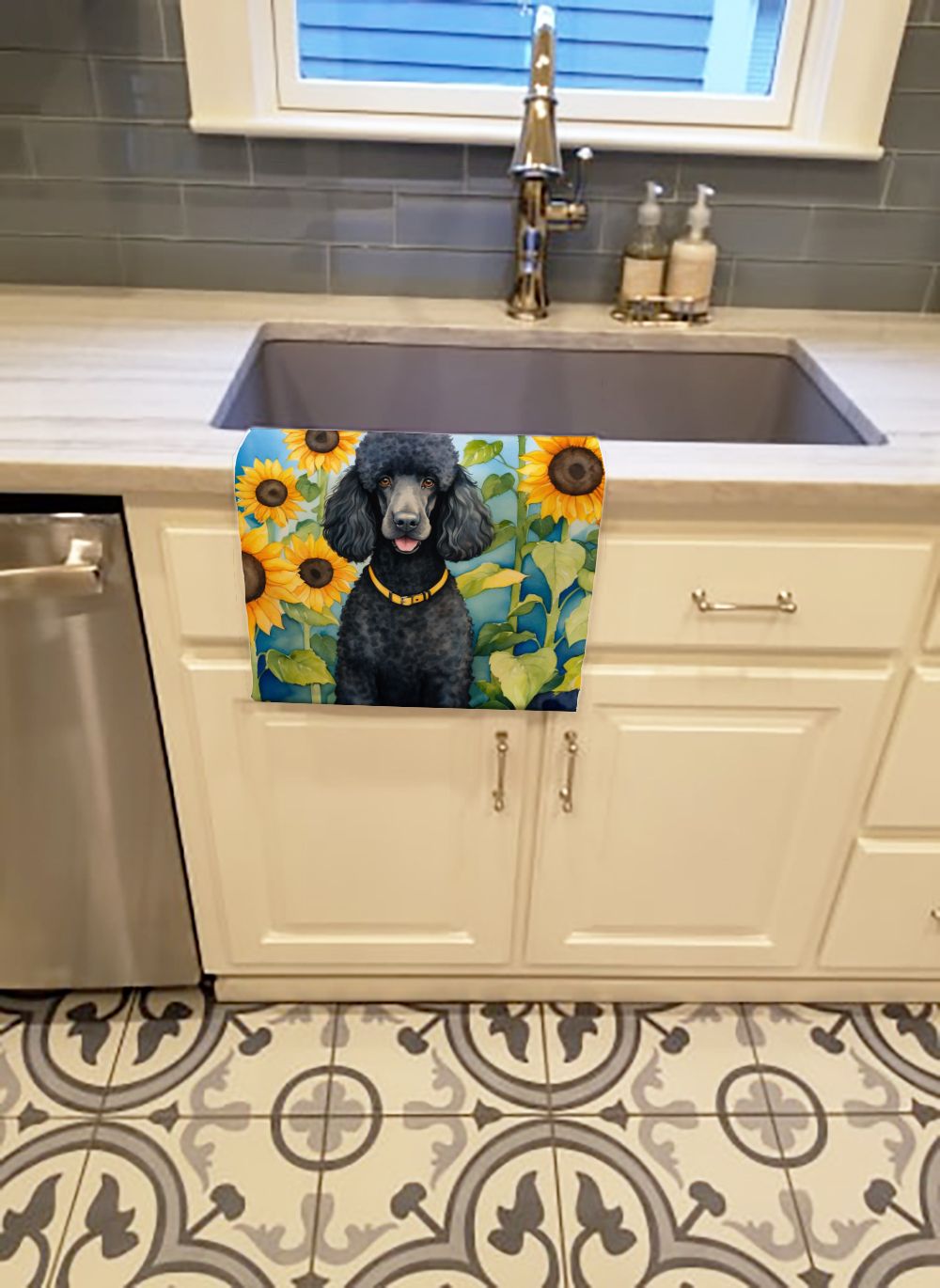 Black Poodle in Sunflowers Dual-Sided Kitchen Towel