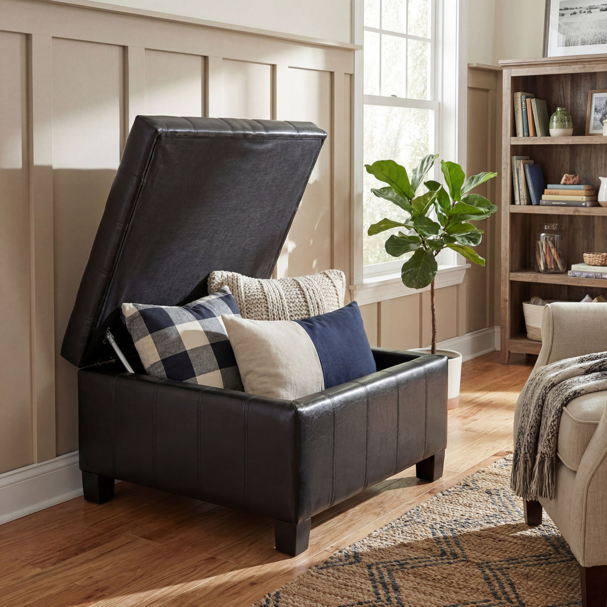 Black Button-Tufted Lift-Top Storage Ottoman