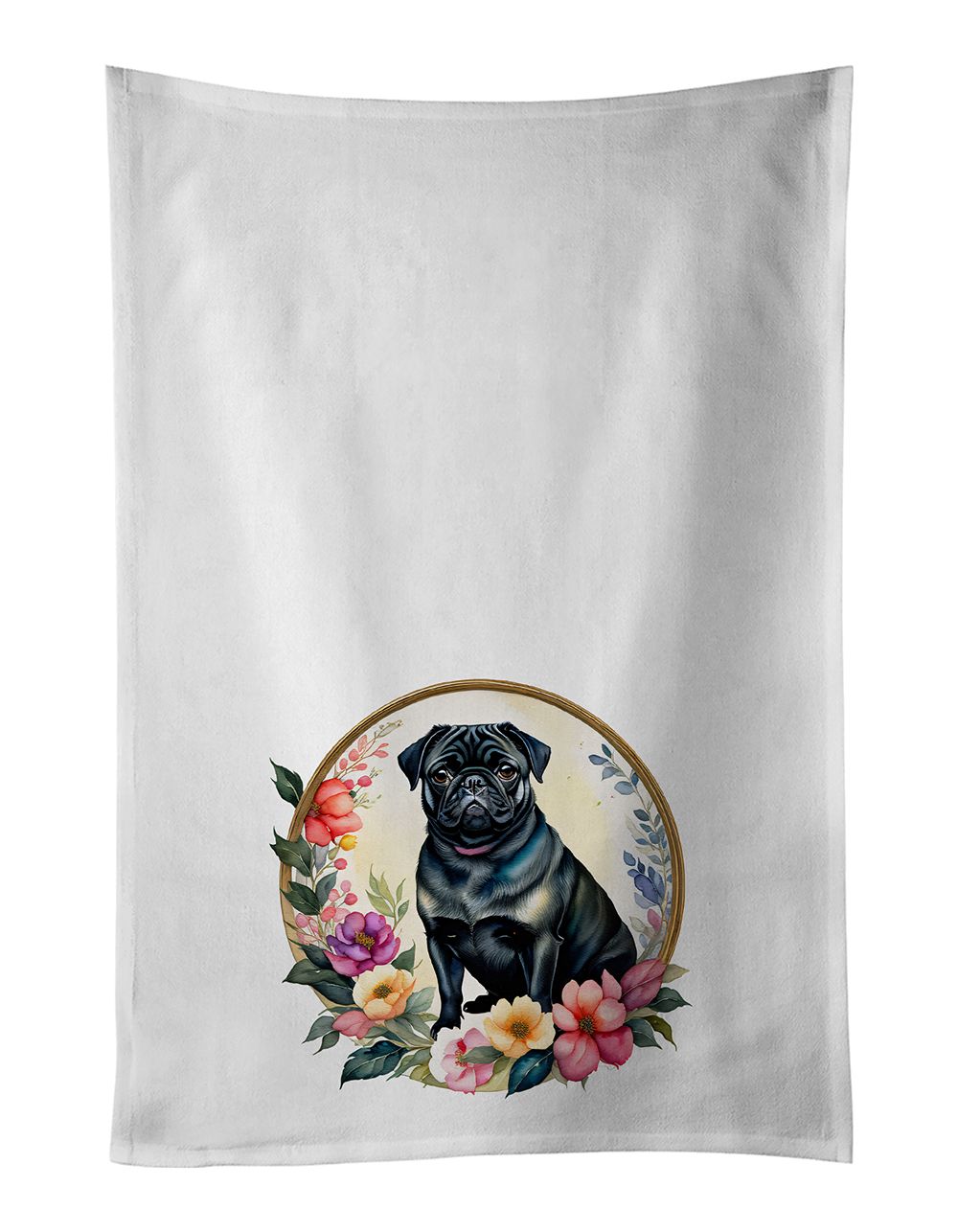 Black Pug and Flowers Decorative Kitchen Towel Set
