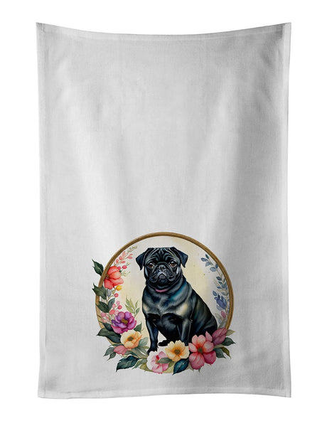 Black Pug and Flowers Decorative Kitchen Towel Set