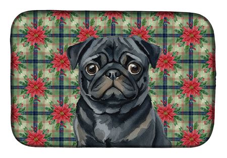 Black Pug and Poinsettia Christmas Dish Mat