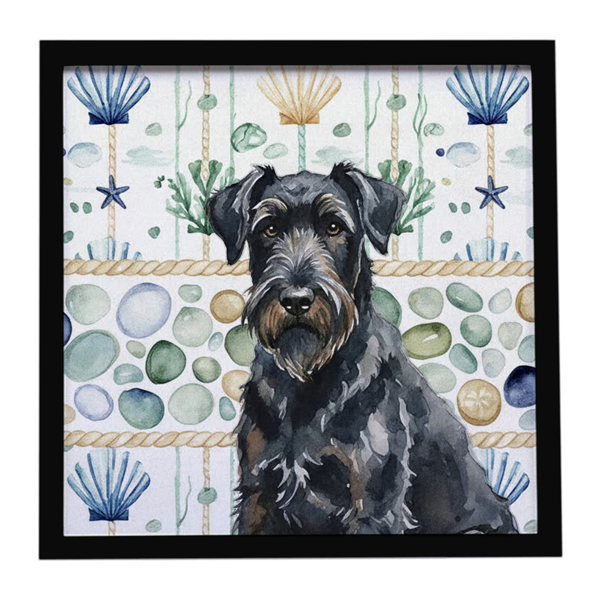Black Russian Terrier Coastal Sea Glass Framed Print