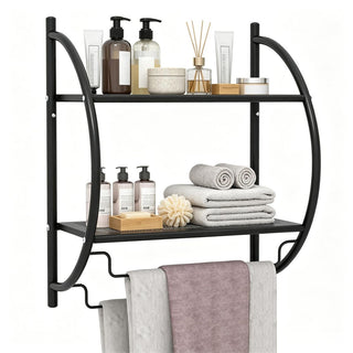 Black Rust-Proof Wall Bathroom Shelving Unit with Dual Hanging Bars, Adjustable Layout