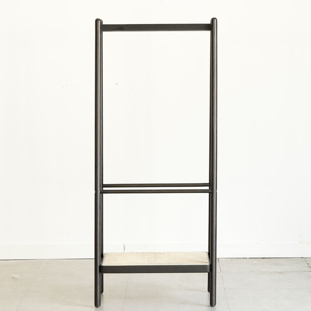 Solid Oak Wood Clothes Rack with Rattan Shelves – Sturdy & Versatile