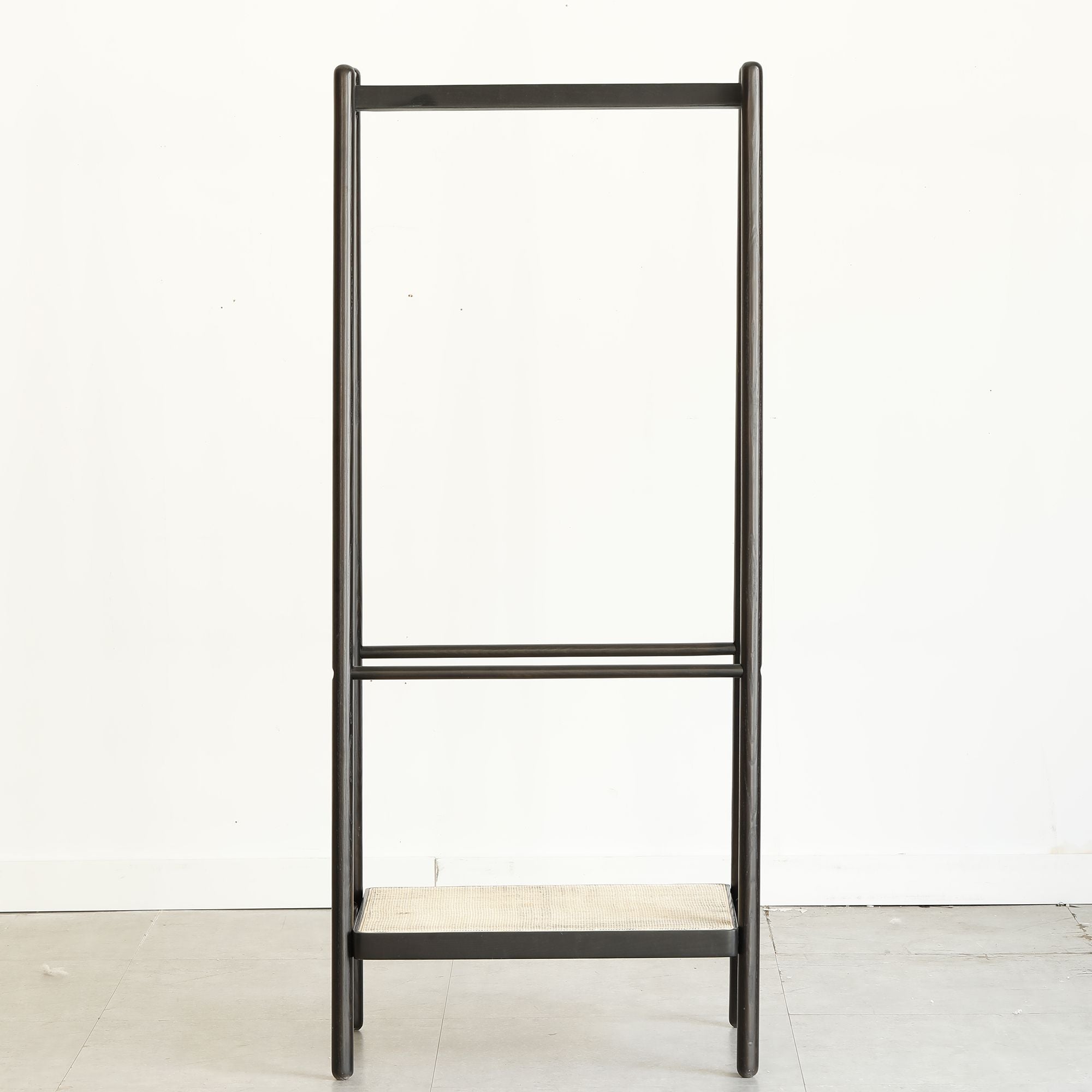 Solid Oak Wood Clothes Rack with Rattan Shelves – Sturdy & Versatile