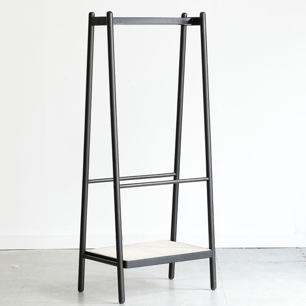 Solid Oak Wood Clothes Rack with Rattan Shelves – Sturdy & Versatile