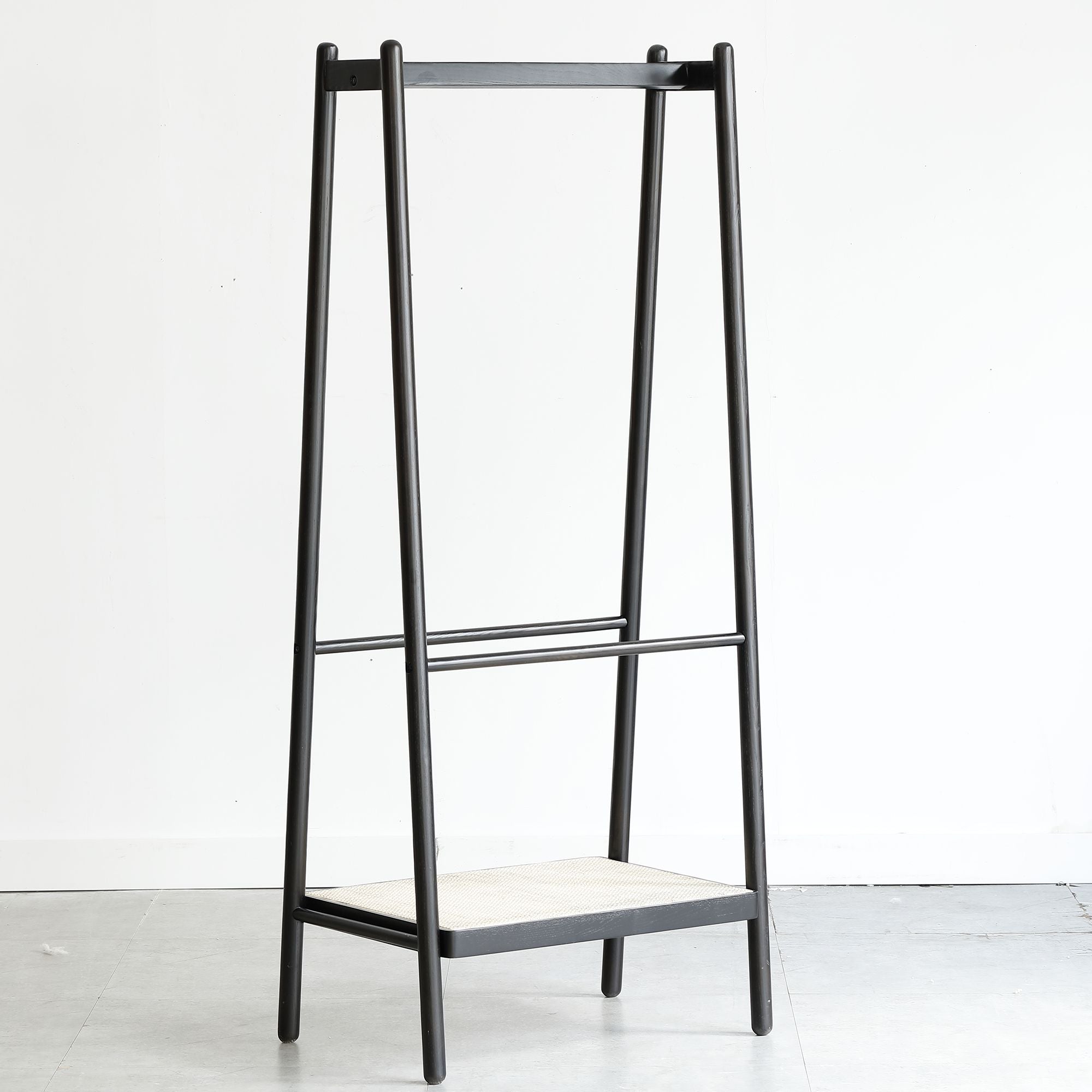 Solid Oak Wood Clothes Rack with Rattan Shelves – Sturdy & Versatile