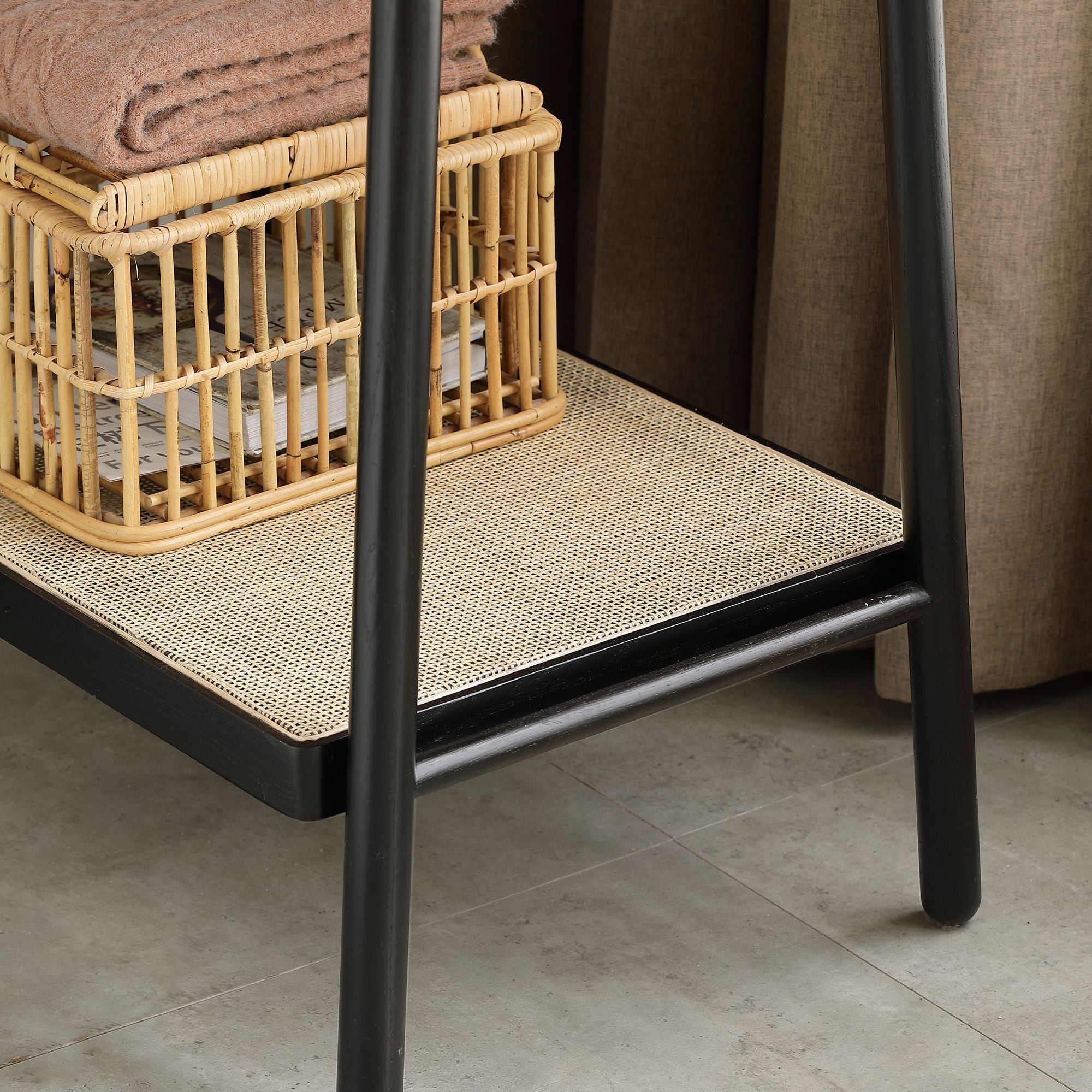 Solid Oak Wood Clothes Rack with Rattan Shelves – Sturdy & Versatile