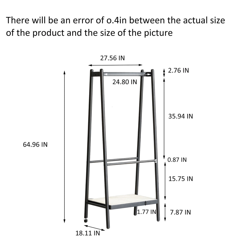 Solid Oak Wood Clothes Rack with Rattan Shelves – Sturdy & Versatile