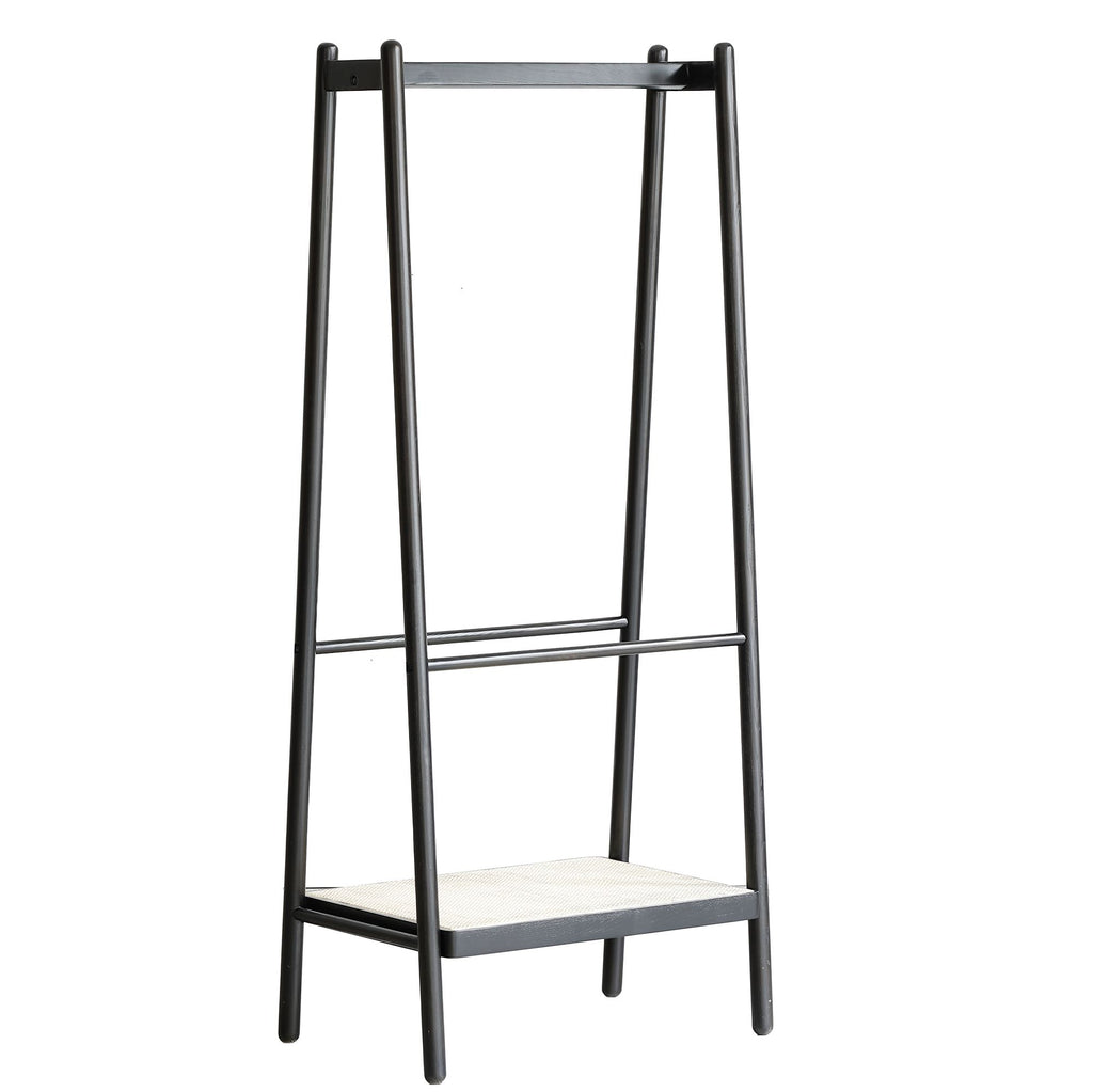 Solid Oak Wood Clothes Rack with Rattan Shelves – Sturdy & Versatile