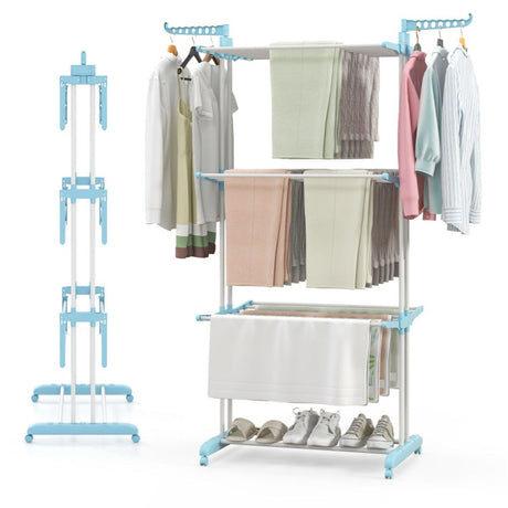 Blue 4-Tier Foldable Clothes Drying Rack with Wheels, practical Metal Laundry Hanger Stand for Indo