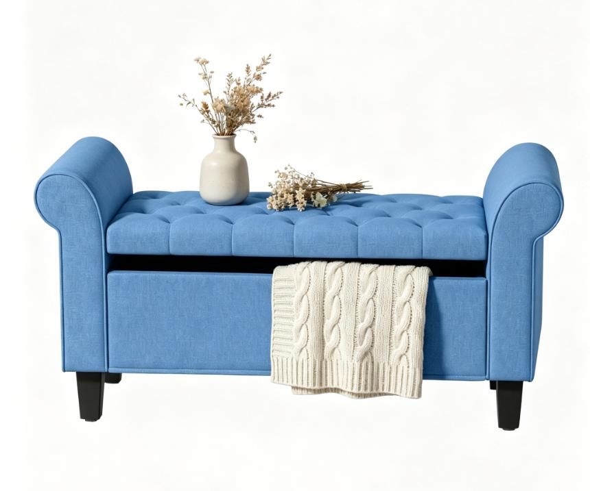 Blue 47 Tufted Storage Ottoman Bench with Rolled Arms Safety Hinge Wood Legs for