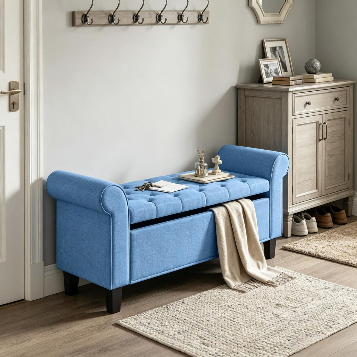 Blue 47 Tufted Storage Ottoman Bench with Rolled Arms Safety Hinge Wood Legs for