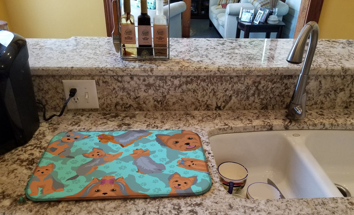 Blue and Tan Yorkie Kitchen Drying Mat