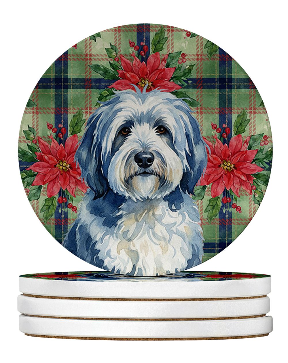 Blue and White Old English Sheepdog Christmas Coasters – Absorbent Sandstone, 4-Pack