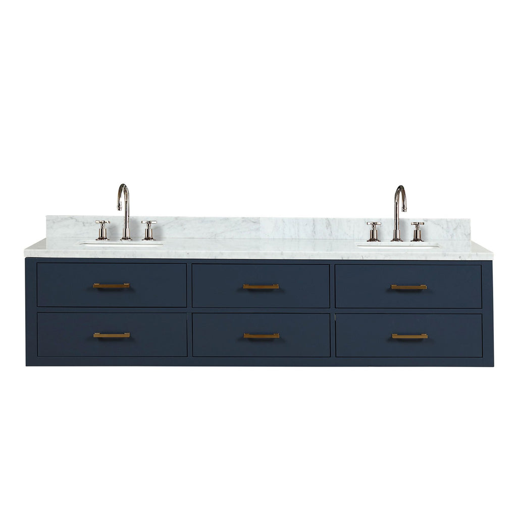 Blue Double Bath Vanity with Carrara Marble Top and Faucet Set