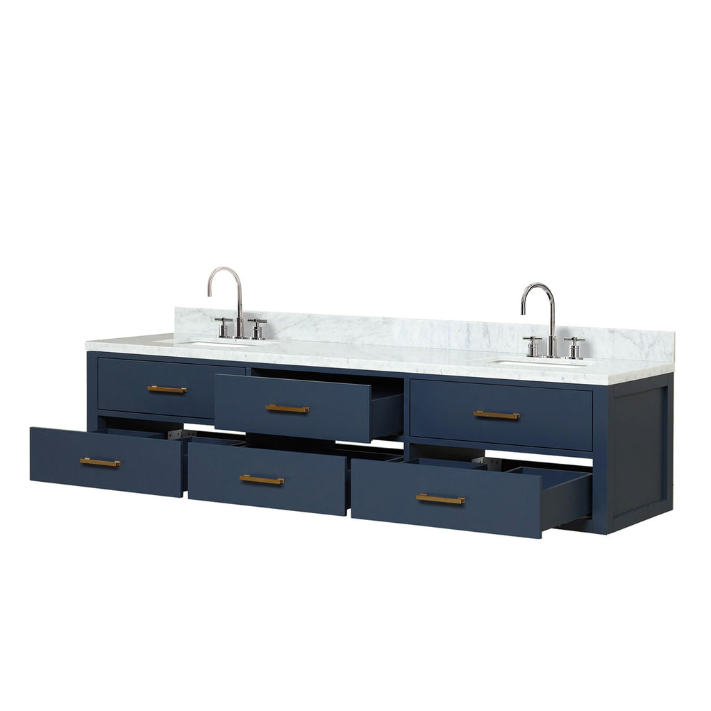 Blue Double Bath Vanity with Carrara Marble Top and Faucet Set