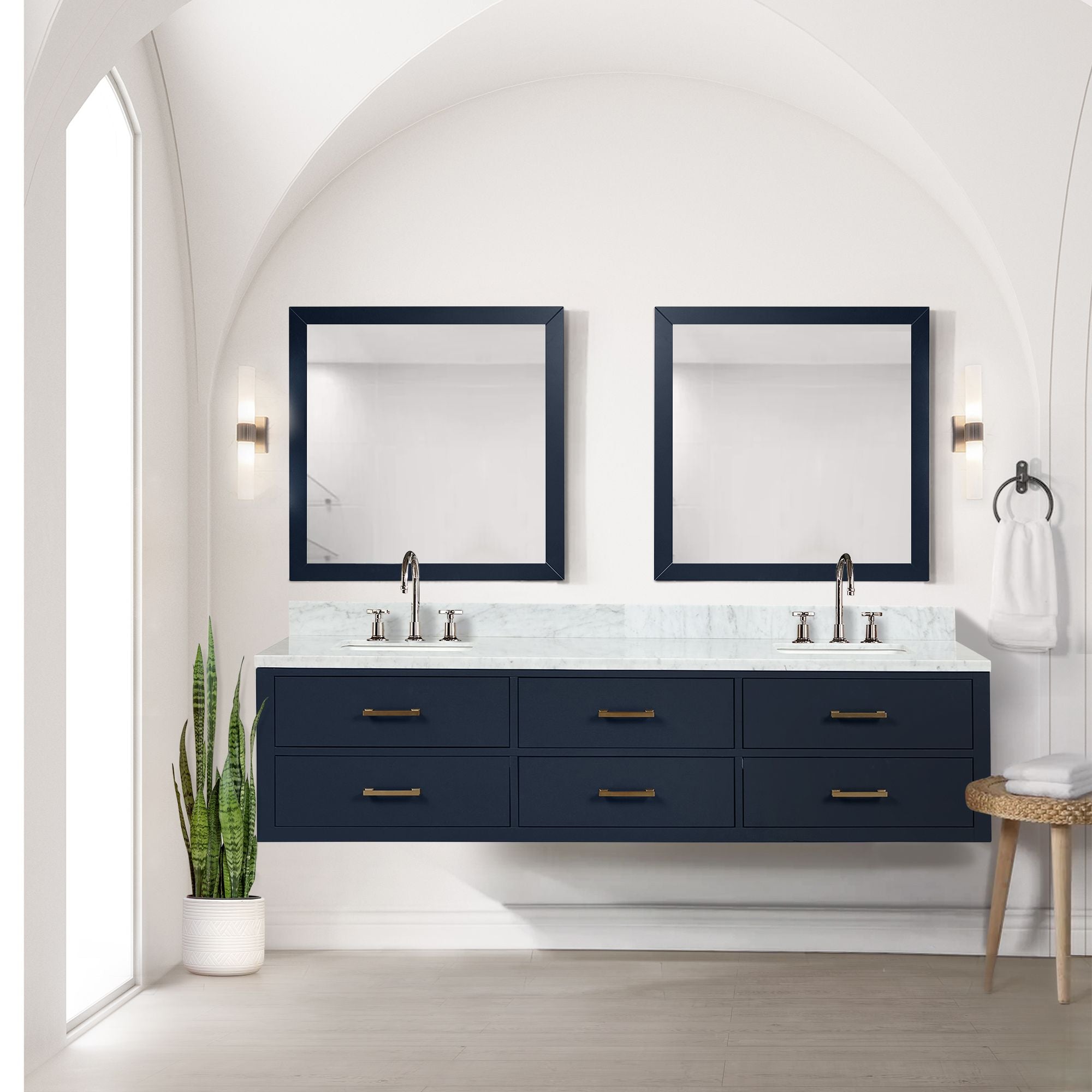 Blue Double Bath Vanity with Carrara Marble Top and Faucet Set