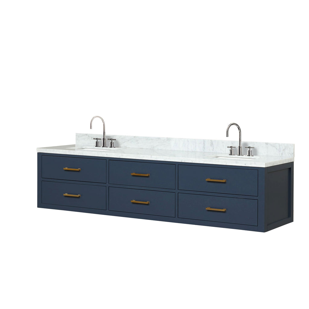 Blue Double Bath Vanity with Carrara Marble Top and Faucet Set