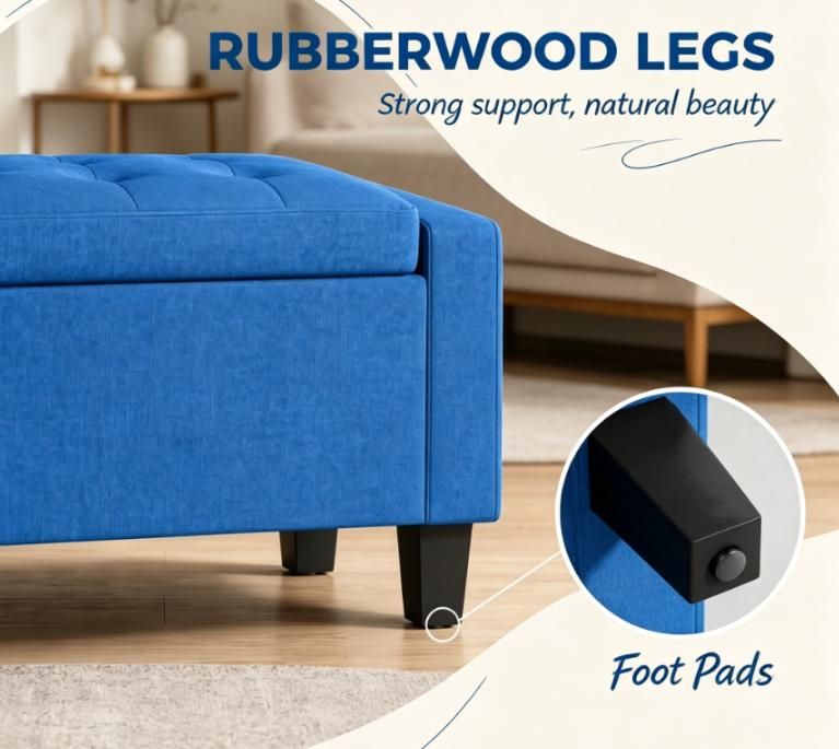 Blue Storage Ottoman with Wooden Legs Tufted Armrests for Entryway Living Room Bedroom