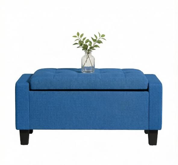 Blue Storage Ottoman with Wooden Legs Tufted Armrests for Entryway Living Room Bedroom