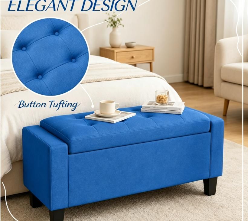 Blue Storage Ottoman with Wooden Legs Tufted Armrests for Entryway Living Room Bedroom
