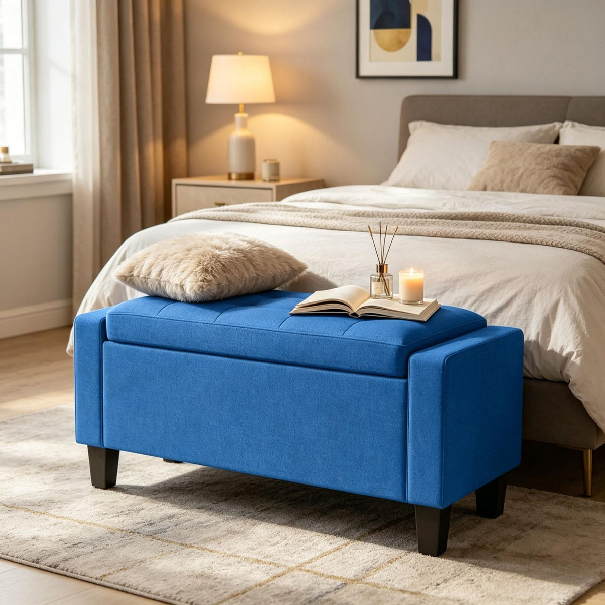 Blue Storage Ottoman with Wooden Legs Tufted Armrests for Entryway Living Room Bedroom