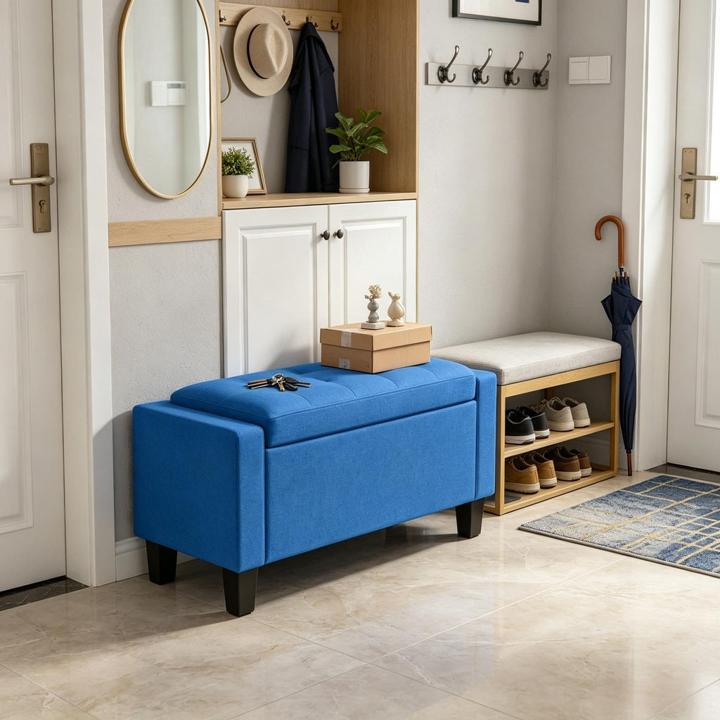 Blue Storage Ottoman with Wooden Legs Tufted Armrests for Entryway Living Room Bedroom