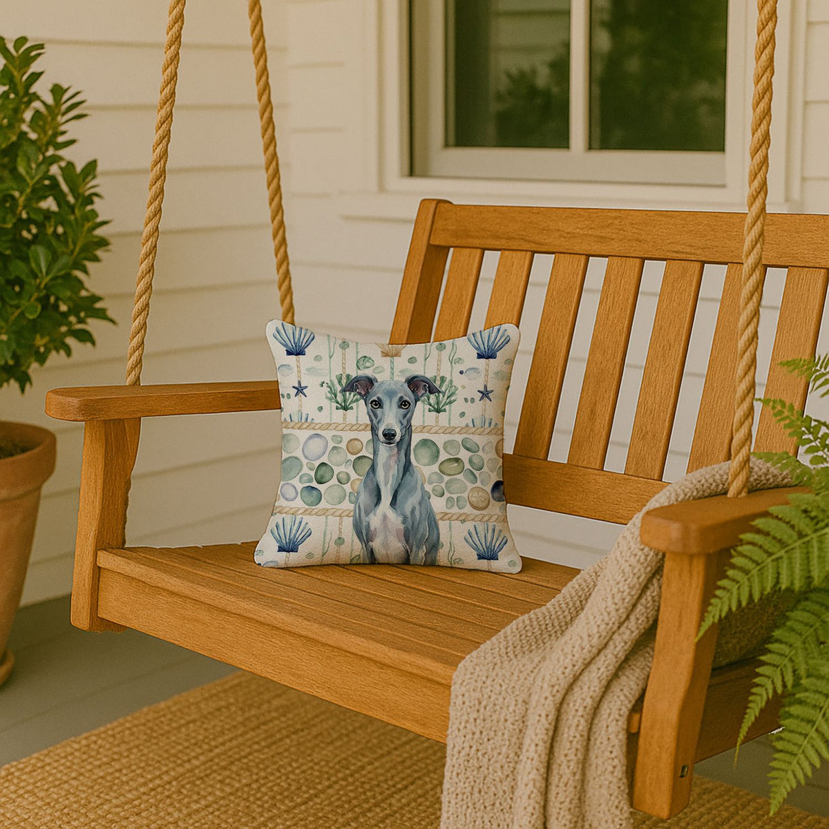 Blue Whippet Coastal Sea Glass Accent Pillow
