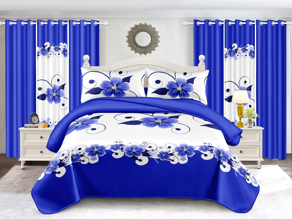 Blue & White Floral 12-Piece Bedding and Curtain Set – Queen Size