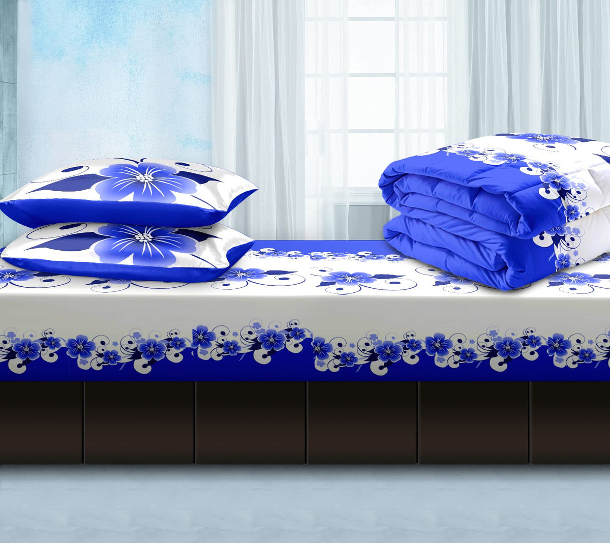 Blue & White Floral 12-Piece Bedding and Curtain Set – Queen Size
