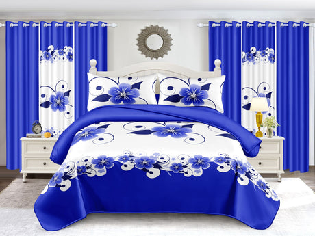 Blue & White Floral 12-Piece Bedding and Curtain Set – Queen Size