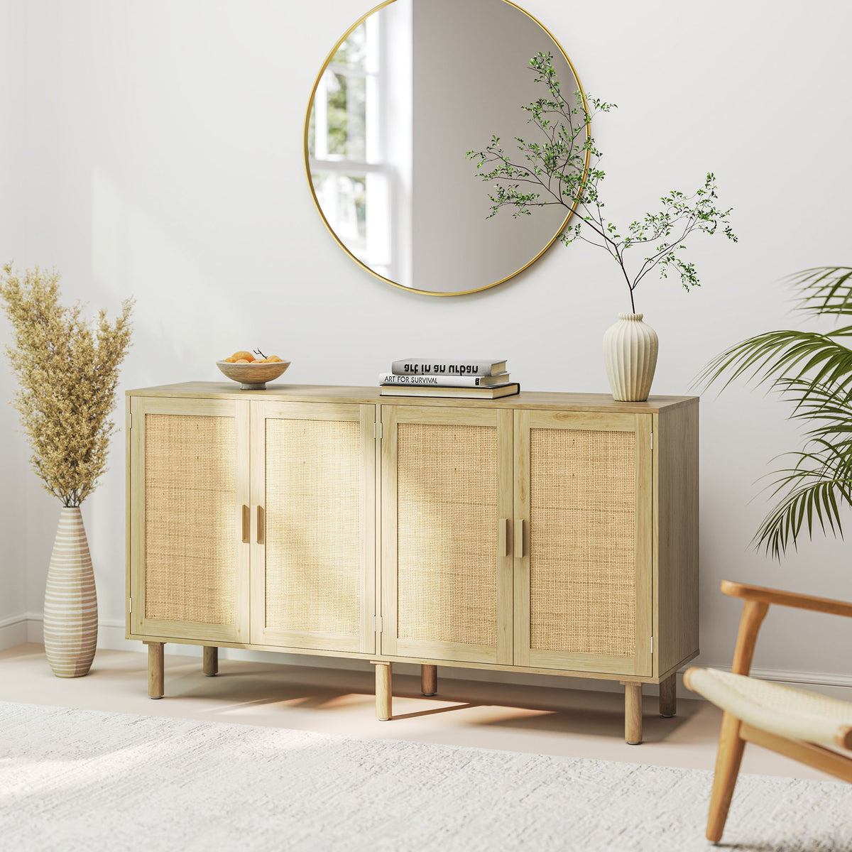 Bohemian Sideboard, Buffet Cabinet with 4 Rattan Doors and Shelves for Living Room