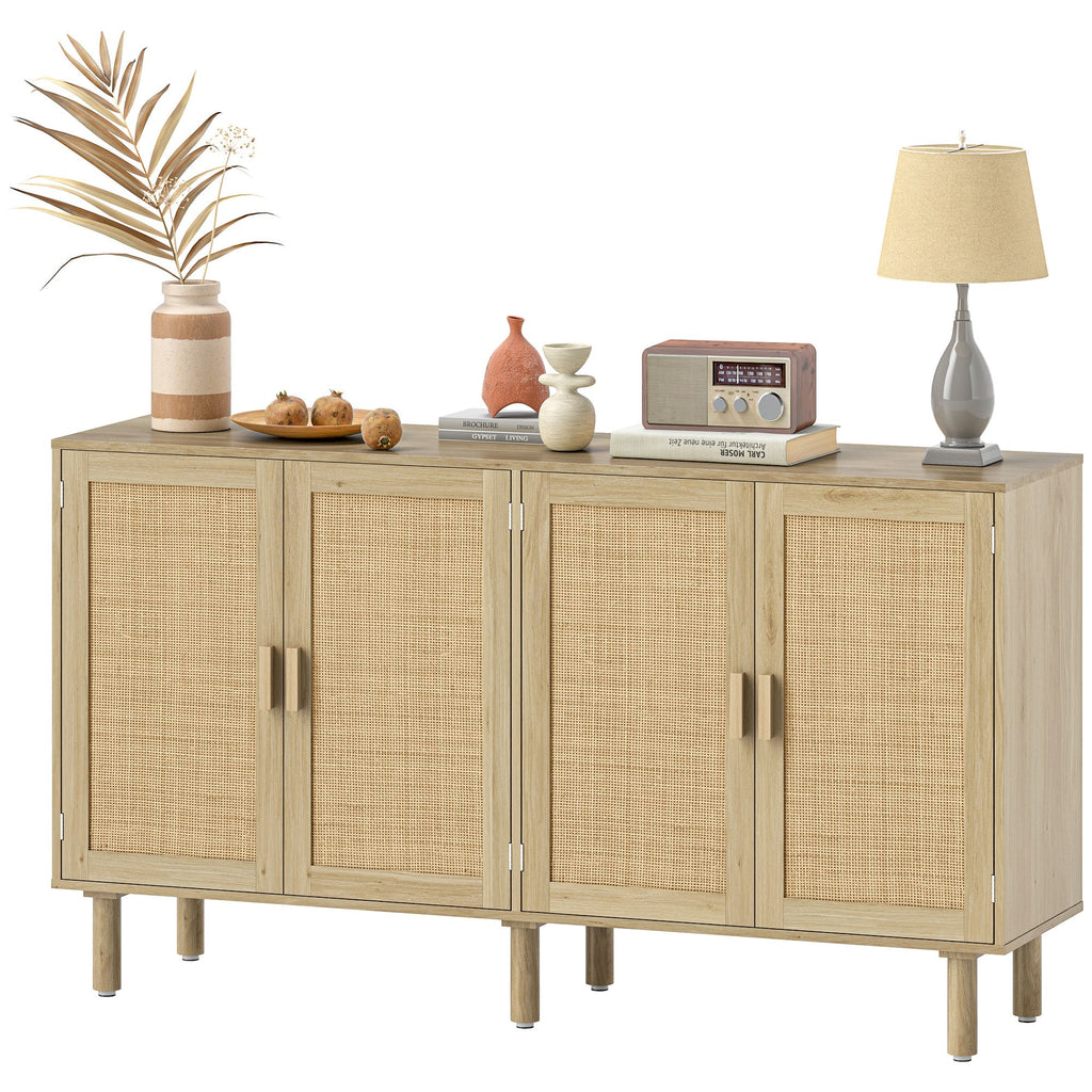 Bohemian Sideboard, Buffet Cabinet with 4 Rattan Doors and Shelves for Living Room