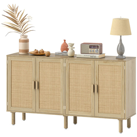 Bohemian Sideboard, Buffet Cabinet with 4 Rattan Doors and Shelves for Living Room