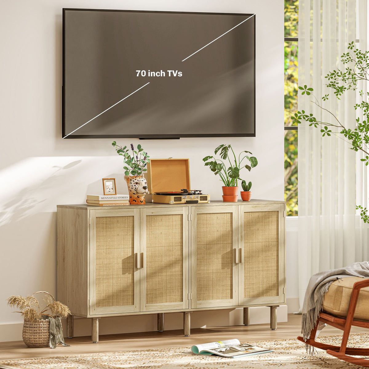 Bohemian Sideboard, Buffet Cabinet with 4 Rattan Doors and Shelves for Living Room