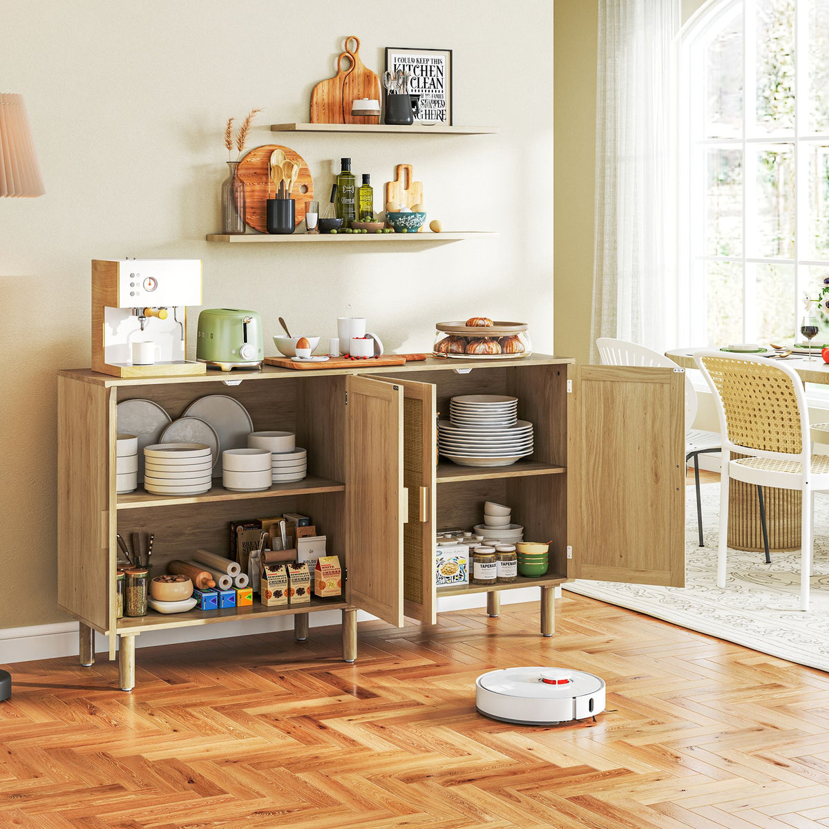 Bohemian Sideboard, Buffet Cabinet with 4 Rattan Doors and Shelves for Living Room
