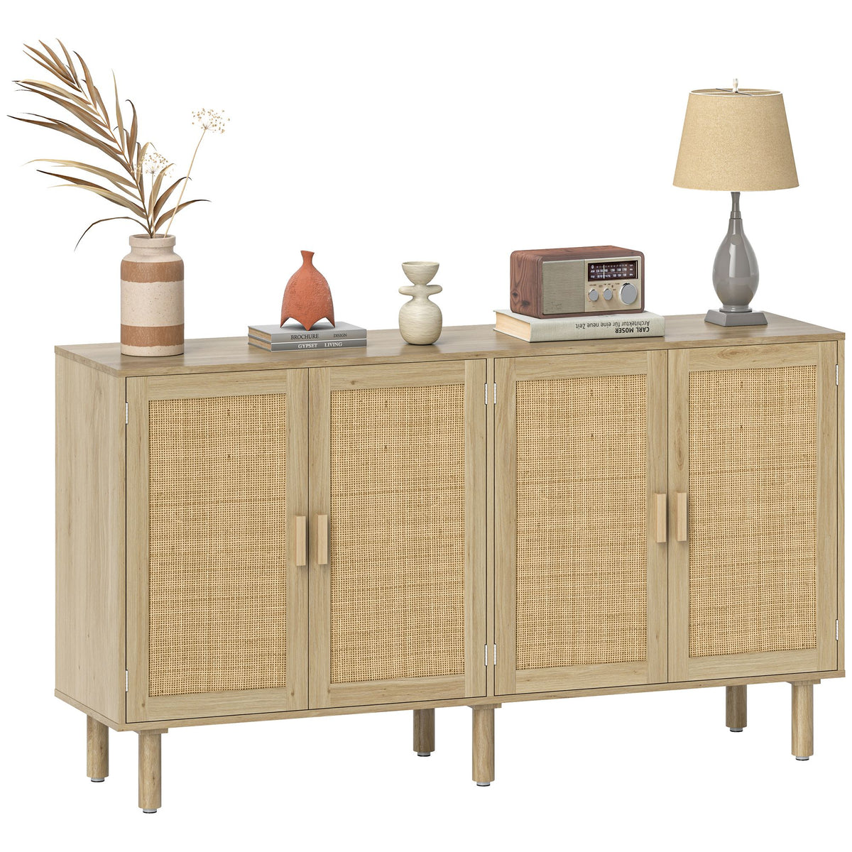 Bohemian Sideboard, Buffet Cabinet with 4 Rattan Doors and Shelves for Living Room