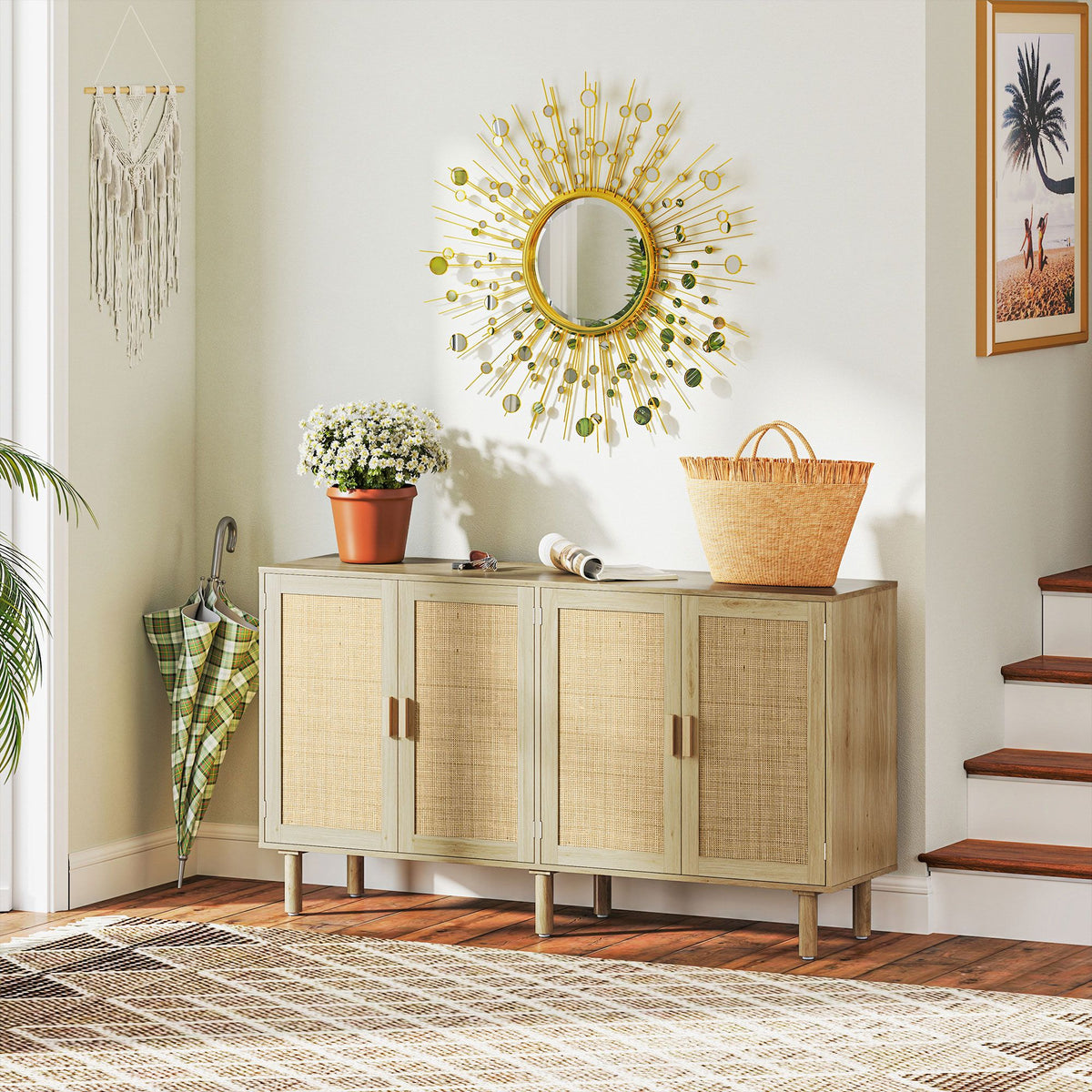 Bohemian Sideboard, Buffet Cabinet with 4 Rattan Doors and Shelves for Living Room