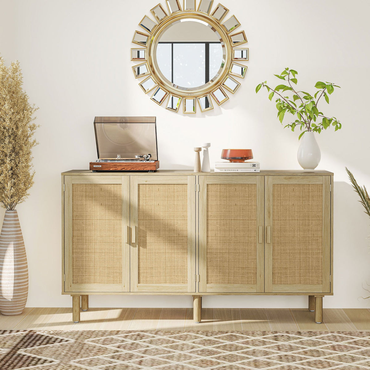 Bohemian Sideboard, Buffet Cabinet with 4 Rattan Doors and Shelves for Living Room