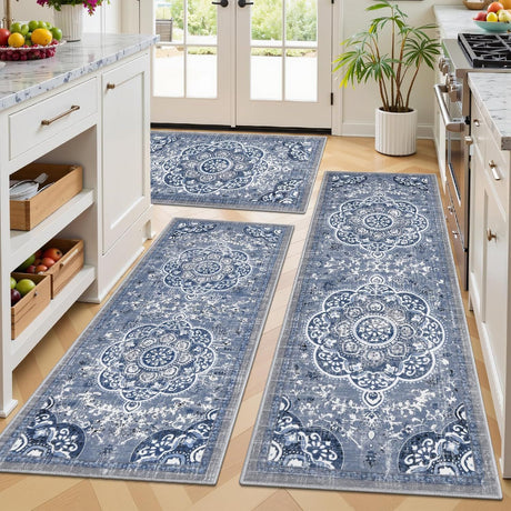 Boho Floral Kitchen Rug Set – 3 Piece Washable Runner Rugs